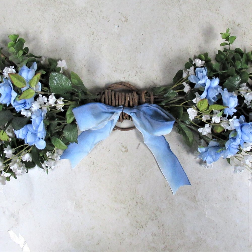 NEW blue roses white flowers swag hanging wall decoration 24" X 9"